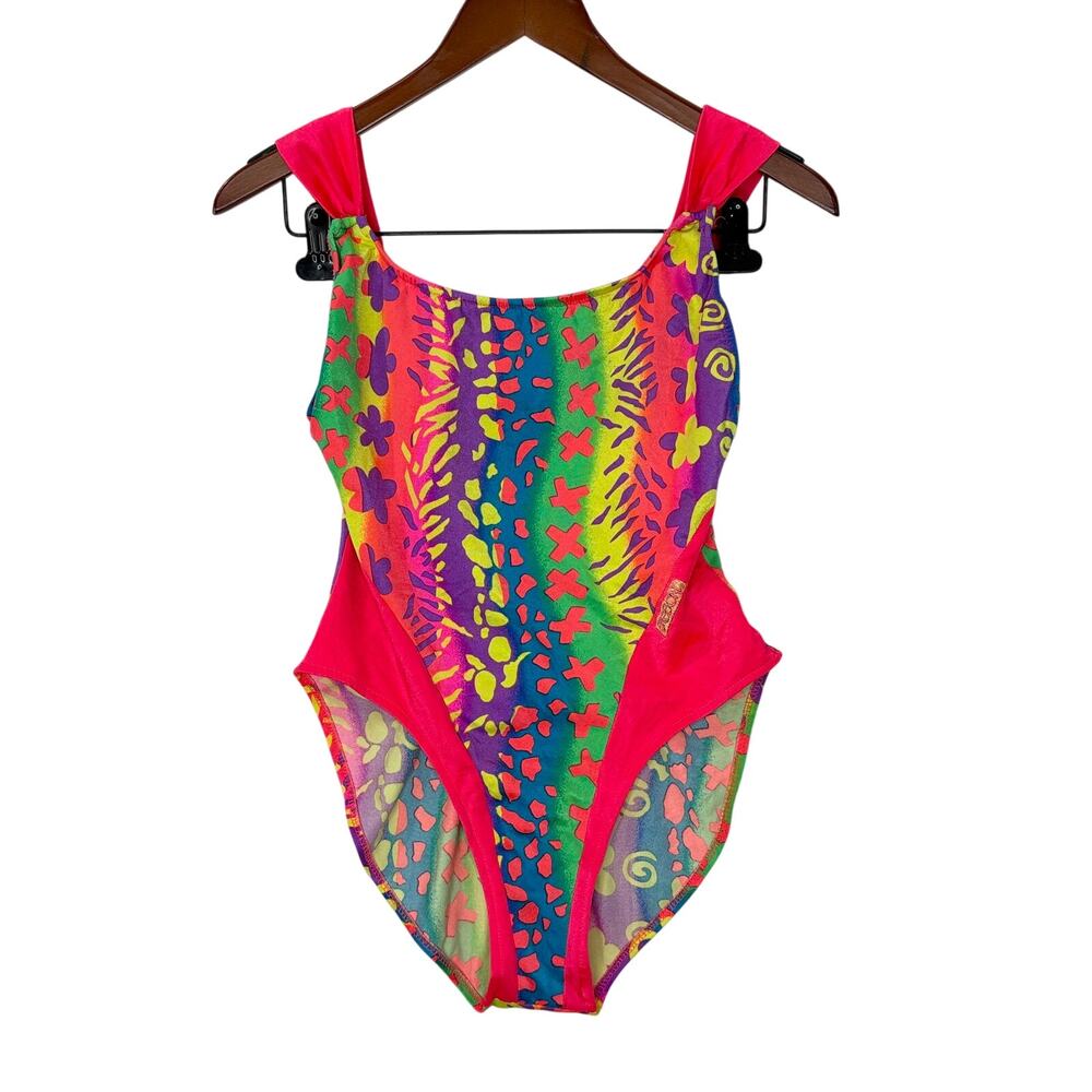 Sasson Size 11/12 Swimsuit One-Piece Neon Rainbow Vintage 80s Open Back High Leg
